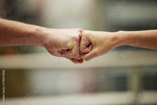 People, fist bump and hands for goals and business, support and partnership or team building. Collaboration, together and goal or achievement, deal and staff for professional in workplace or trust