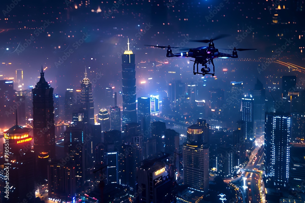 : A drone hovering over a cityscape at night, with city lights twinkling below.