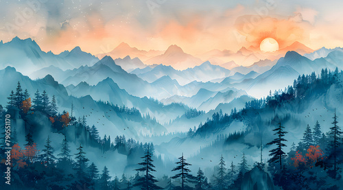 Mountain Reverie: Panoramic Watercolor Evoking Day-to-Night Transitions in Majestic Peaks