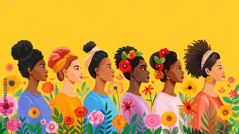 Group of women of different nationalities and cultures, skin colors and hairstyles. Society or population, social diversity. Cartoon characters. Vector illustration in flat design, isolated on yellow Group of women of different nationalities and cultures, skin colors and hairstyles. Society or population, social diversity. Cartoon characters. Vector illustration in flat design, isolated on yellow