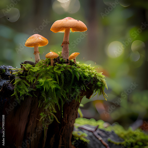 Orange mushrooms are growing on moss-grown stones in the forest. Generative AI