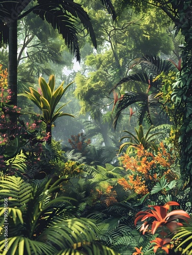 Dense Lush Forest: A 3D Rendered of Nature's Rich Biodiversity photo