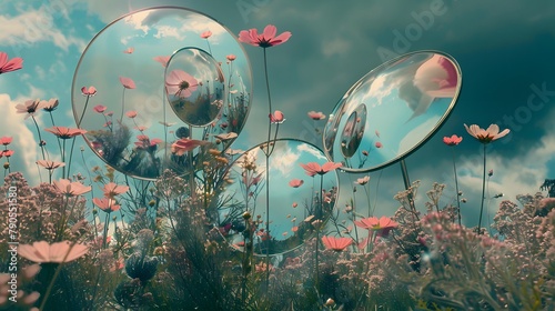 There are three giant mirrors in the cosmos field where pink flowers have grown. Generative AI #790551580