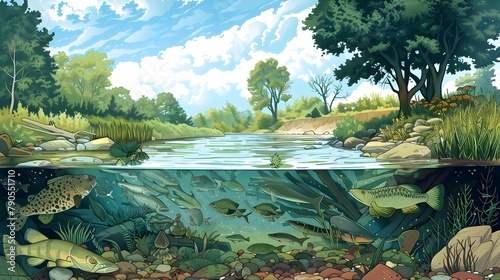 Illustrator's River A Thriving Ecosystem with Clean Water and Natural Habitats