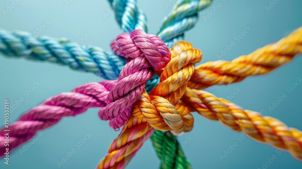 Team rope diverse strength connect partnership together teamwork unity communicate support. Strong diverse network rope team concept integrate braid color background cooperation empower power. 