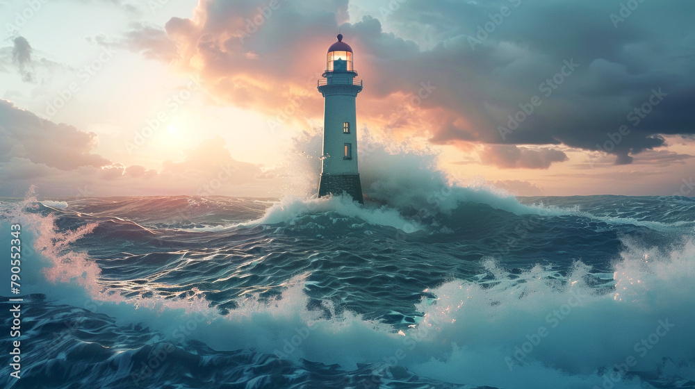 Illustration of sea sunrise landscape. White Lighthouse in stormy weather