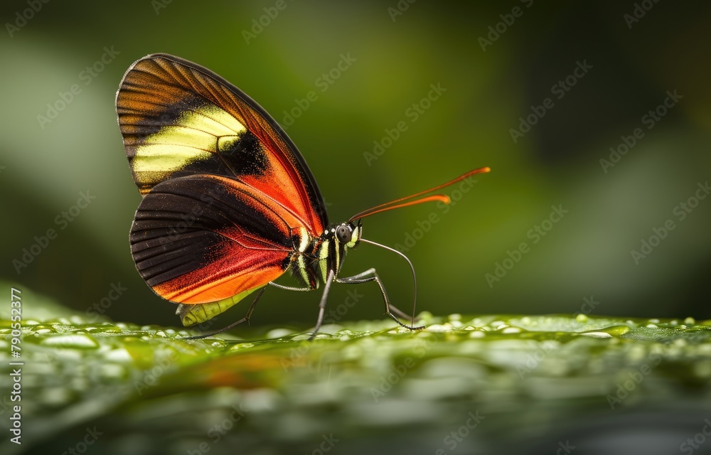 Obraz premium Vibrant Butterfly on Dewy Leaf