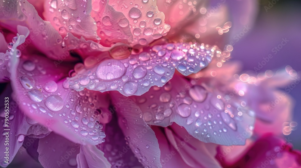Droplets of morning dew on the delicate pink peony petals in the garden Droplets of morning dew on the delicate pink peony petals in the garden