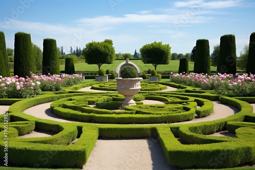 Formal garden layout featuring geometrically arranged beds of roses, topiaries in the background, structured and elegant design photo