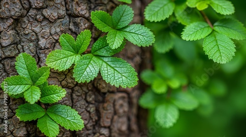 Green leaves growing on a tree trunk. photo