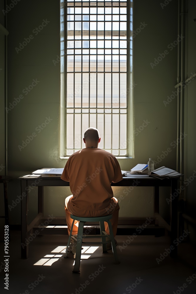 Inmate reading in his cell, small window with natural light, sparse furnishings, highlighting daily life and solitude in incarceration