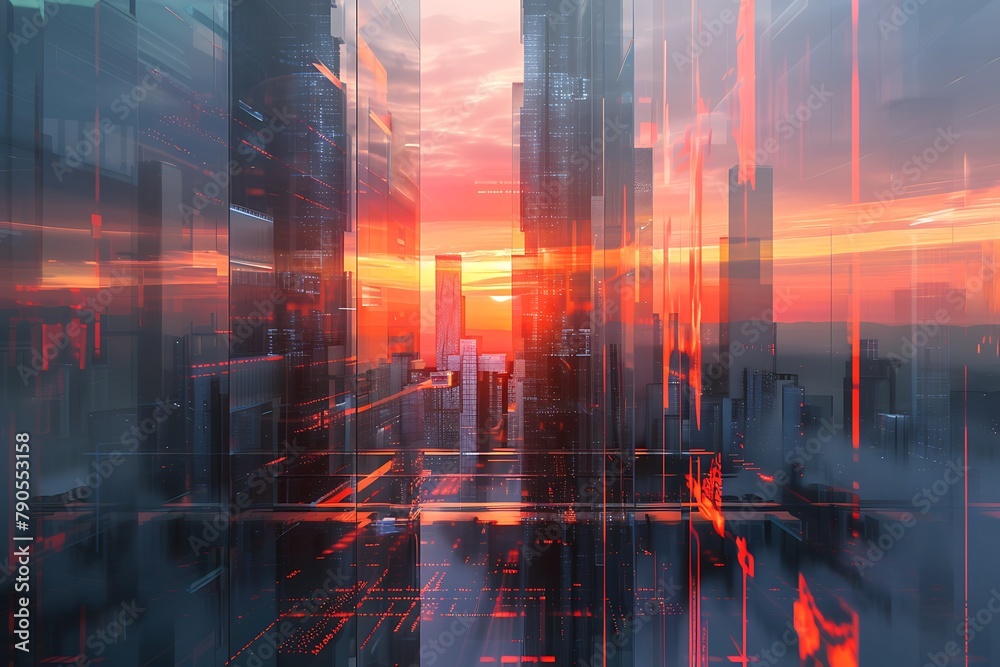 : A futuristic cityscape with buildings made of glass and steel, reflecting the setting sun's orange and pink hues.