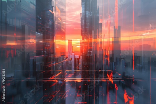   A futuristic cityscape with buildings made of glass and steel  reflecting the setting sun s orange and pink hues.