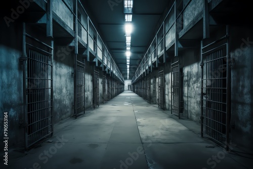 Interior of a prison corridor with rows of cell doors, dim lighting and stark conditions, emphasizing the isolation and security measures photo