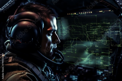 Pilot in a fighter jet cockpit viewing a sophisticated HUD with critical flight data, altitude and navigation overlays, intense focus © JK_kyoto