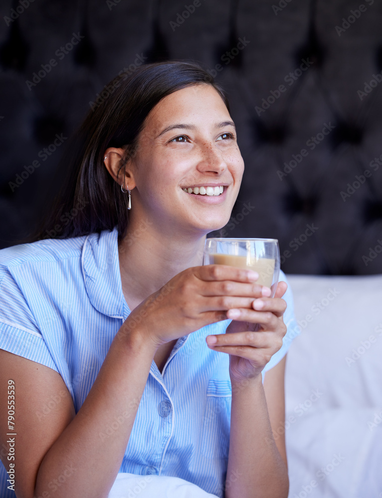 Woman, tea and smile in bed, morning and thinking with vision, choice and future with pyjamas in apartment. Girl, person and relax in bedroom with drink, coffee and happy for ideas at house in Naples Woman, tea and smile in bed, morning and thinking with vision, choice and future with pyjamas in apartment. Girl, person and relax in bedroom with drink, coffee and happy for ideas at house in Naples