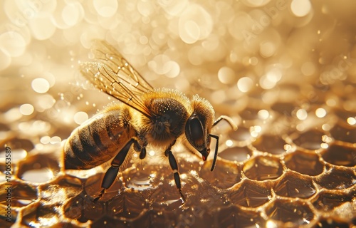 Golden Honeybee on Honeycomb photo