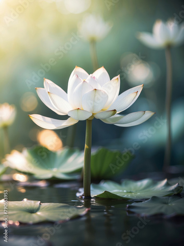 water lily in the pond  white lotus in a golden magic pond  generative ai