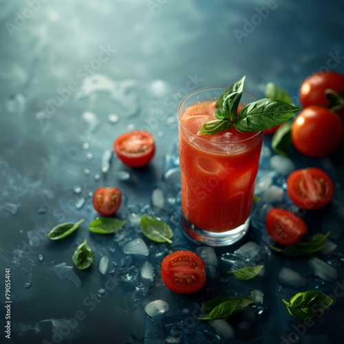 A glass of fresh tomato juice with tomatoes, salt and basil on a blue background with ice. Vegetable tomato drink for a healthy diet. 