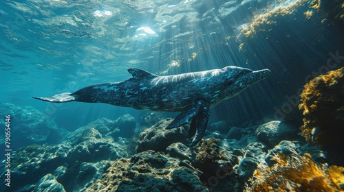 Mother and Calf Gray Whale in Sunlit Waters