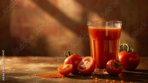 A glass of fresh tomato juice with tomatoes on a wooden table and a brown background. Vegetable fresh tomato drink for healthy eating. 