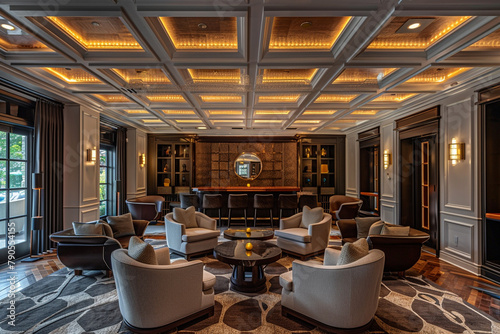 Transport yourself to a luxurious lounge area, where the coffered ceiling's elegant design and discreet lighting create a sense of opulence and sophistication, welcoming you to unwind in style