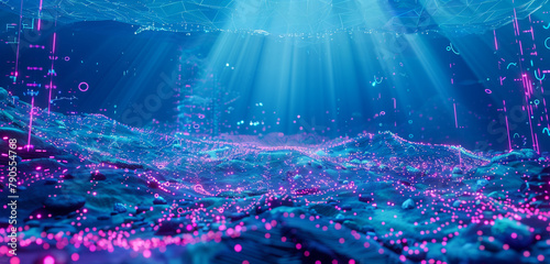 An immersive, neon-lit, low poly underwater scene, where data streams flow like currents, showcasing the depth and complexity of future communication channels.
