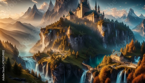 Fantastic castle on a rocky mound at the foot of which several waterfalls flow into the lake located at the foot of this rock. In the distance, the tops of the mountains appear in AI Generated