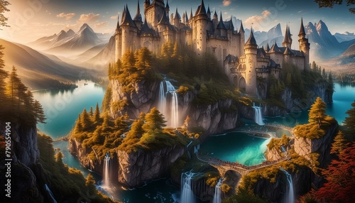 Fantastic castle on a rocky mound at the foot of which several waterfalls flow into the lake located at the foot of this rock. In the distance, the tops of the mountains appear in AI Generated photo