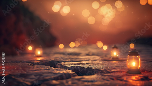 A deep terracotta and slate abstract backdrop, where bokeh lights resemble ancient lanterns guiding the way through a silent, mystical desert at night. The air is filled with intrigue and history.