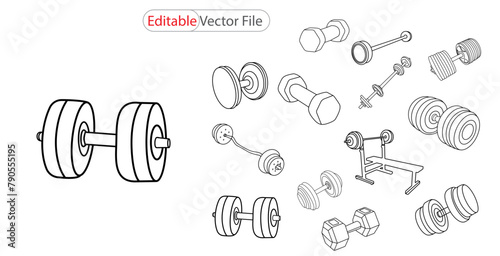  Continuous line drawing of hand holding dumbbells. Line art of dumbbell equipment. Gym dumbbell for exercise vector line art design. Linear icon collection. Editable stroke. Vector illustration.