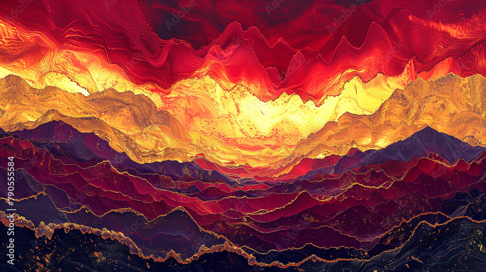 A fluid art masterpiece depicting the fiery beauty of a sunset over the mountains, with gold, red, and purple blending into a breathtaking scene.