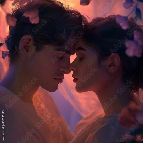 Una romántica imagen de dos personas enamoradas a punto de besarse con ternura photo