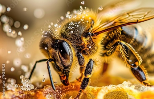 Dew-Kissed Bee on Honeycomb