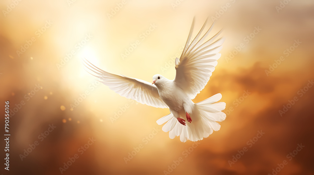 Beautiful white dove spreads its wings and flies in the sun Beautiful white dove spreads its wings and flies in the sun