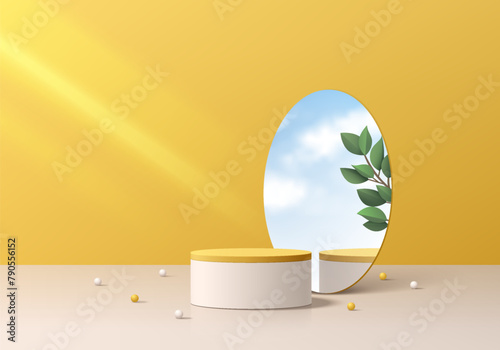 Realistic 3D yellow cylinder podium background with leaf, blue sky reflect in circle mirror glass. Minimal scene abstract mockup product display presentation, Stage showcase. Platforms vector design.