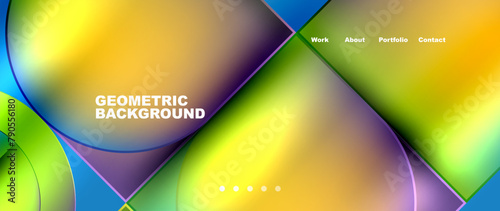 A vibrant geometric background featuring circles and squares in shades of violet, magenta, and electric blue on a closeup blue backdrop. The pattern is eyecatching and colorful