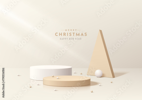 Realistic 3D cream cylinder podium background with ball and triangle backdrop in merry christmas concept. Minimal scene mockup product stage showcase Promotion display. Abstract vector geometric forms