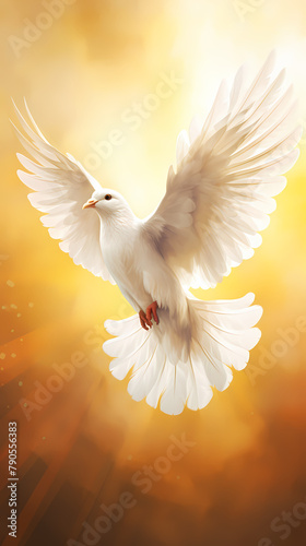 Beautiful white dove spreads its wings and flies in the sun