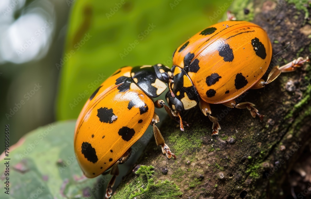 Fototapeta premium Orange Ladybugs on Leaf