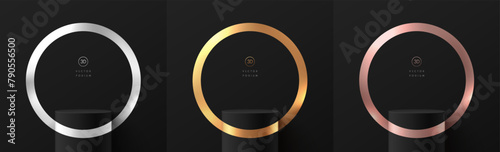 Set of realistic 3D black cylinder product podium with silver, golden, rose gold circles ring scene. Abstract minimal 3D mockup display presentation, Stage showcase. Platforms vector geometric design.
