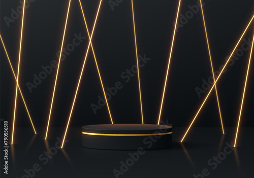 Realistic black 3D cylinder product podium background with golden neon lighting lines wall scene. Abstract minimal 3D mockup display presentation, Stage showcase. Platforms vector geometric design.