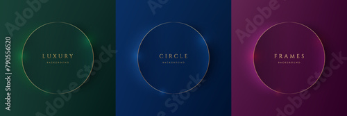 Set of 3D luxury round circles frames background. Dark blue, green and dark purple podium with golden stripes in top view design. Product display presentation with copy space. Vector minimal scene.