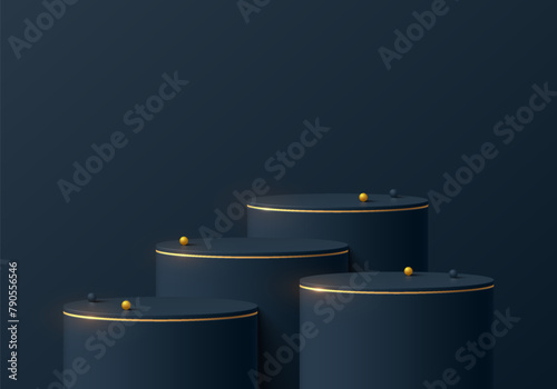 Realistic dark blue 3D cylindrical product podium set with golden stripe background. Abstract luxury minimal 3D mockup, Product display presentation, Stage showcase. Platforms vector geometric design.