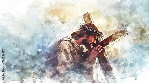 Jesus Carrying the Cross: Digital Watercolor Artwork photo