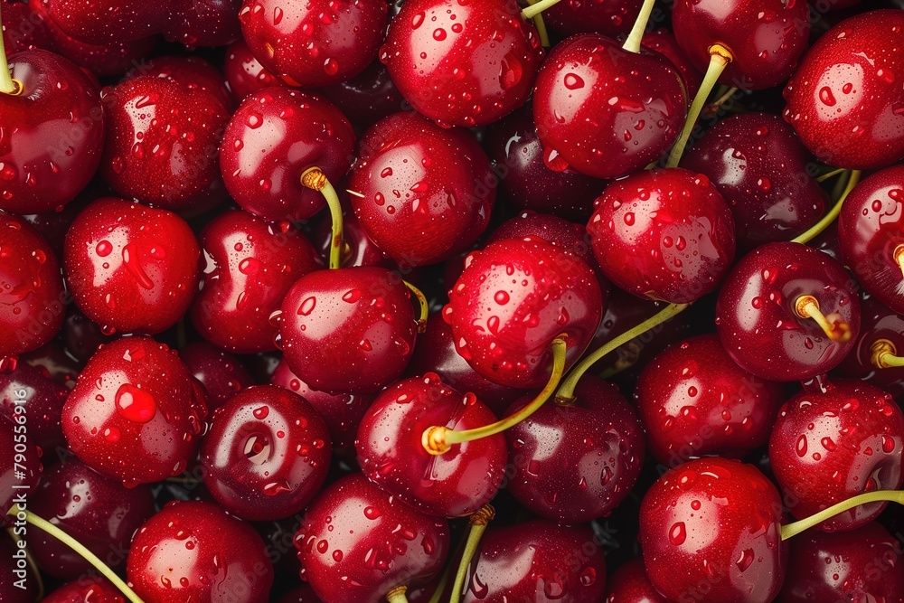 Closeup of fresh red cherries seamless background, top view Closeup of fresh red cherries seamless background, top view