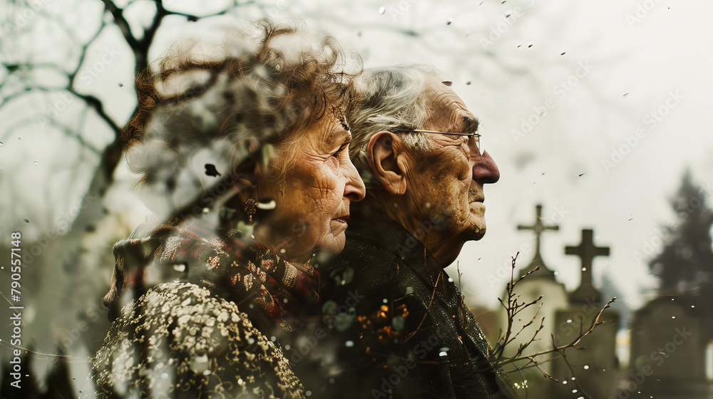 Old married grandparents couple of two mature man and woman thinking about death and end of life with view of a cemetery Old married grandparents couple of two mature man and woman thinking about death and end of life with view of a cemetery