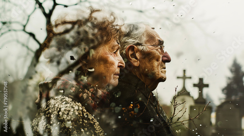 Old married grandparents couple of two mature man and woman thinking about death and end of life with view of a cemetery © Keitma