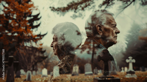 Old married grandparents couple of two mature man and woman thinking about death and end of life with view of a cemetery