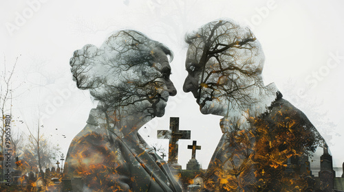 Old married grandparents couple of two mature man and woman thinking about death and end of life with view of a cemetery